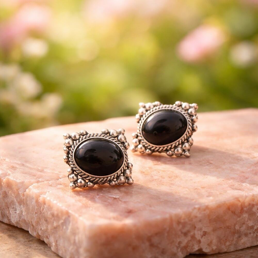 Vintage Mexico Sterling Silver Onyx Clip Earrings 25.7g Taxco Ethnic Stunning
